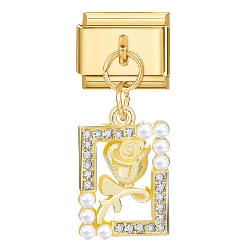 Y2K Elegant Flowers Leaves Gold Color Pendant Italian Charm Links Fit 9mm Stainless Steel Bracelet Women DIY Making Gifts