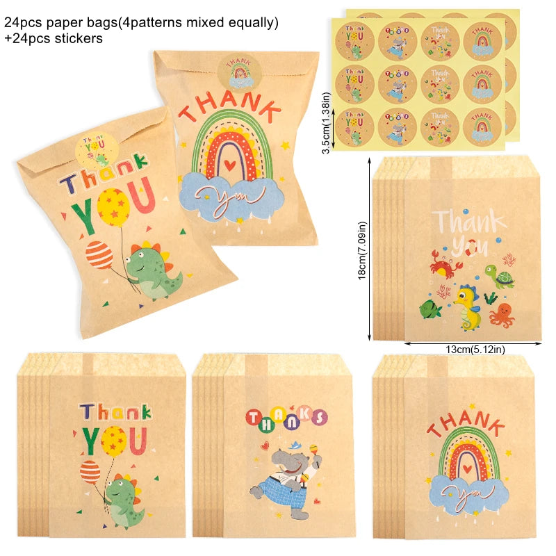 24Sets Thank You Kraft Paper Bags Cute Rainbow Dino Happy Birthday Gift Pouch Retro Flower Party Favor Bag Candy Cookie Supplies