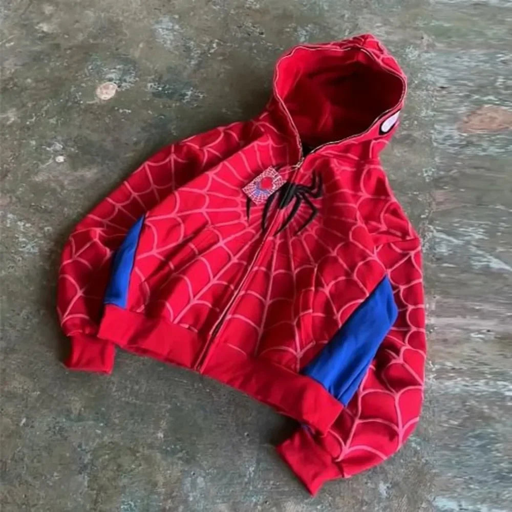 Y2K American Spider Pattern Embroidery Zip Up Hoodie Men Women Gothic Harajuku Jacket Fashion Hoodie Sweatshirt Casual Clothes