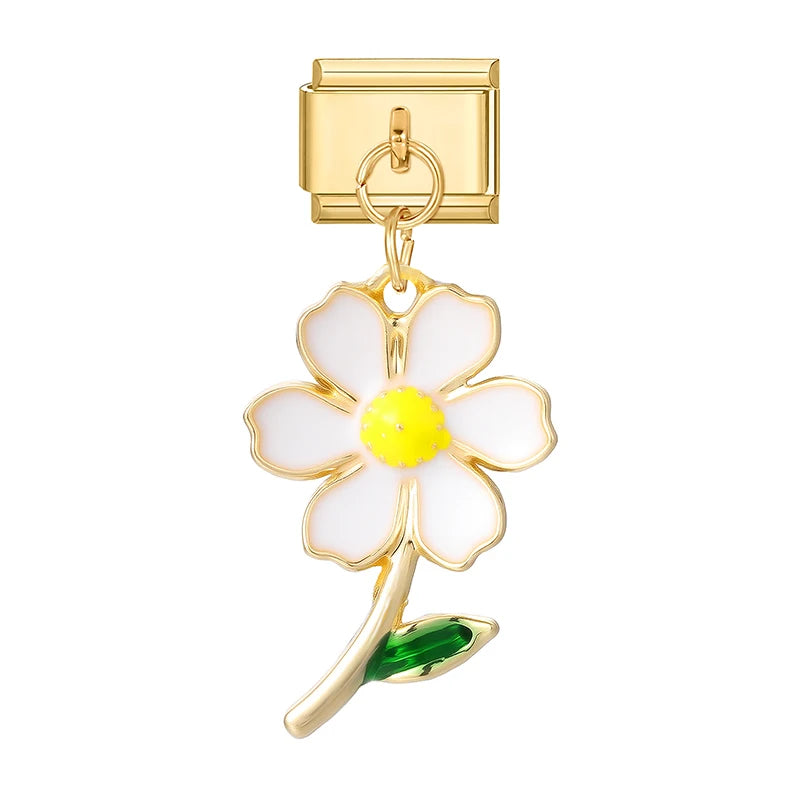Y2K Elegant Flowers Leaves Gold Color Pendant Italian Charm Links Fit 9mm Stainless Steel Bracelet Women DIY Making Gifts