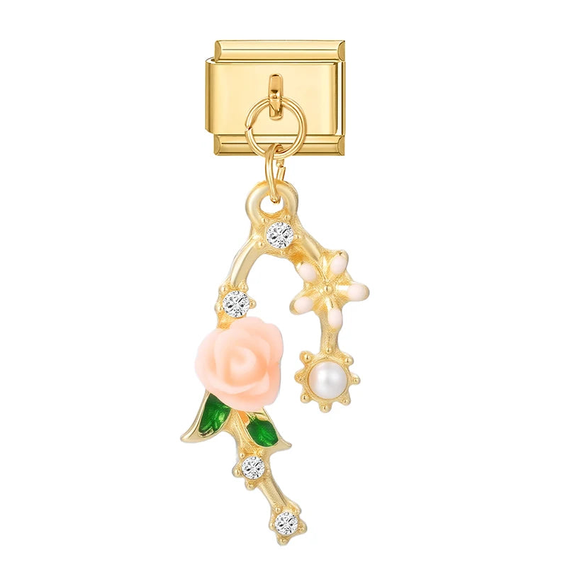 Y2K Elegant Flowers Leaves Gold Color Pendant Italian Charm Links Fit 9mm Stainless Steel Bracelet Women DIY Making Gifts