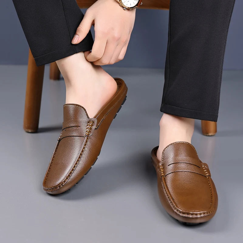 YRZL Loafers Summer Slip on Half Shoes for Men Leather Slippers Casual Breathable Comfy Loafers Moccasins Brown Black Beige