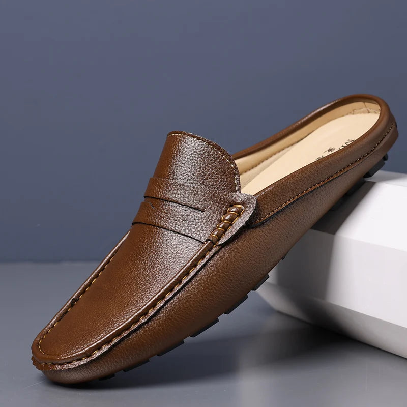 YRZL Loafers Summer Slip on Half Shoes for Men Leather Slippers Casual Breathable Comfy Loafers Moccasins Brown Black Beige