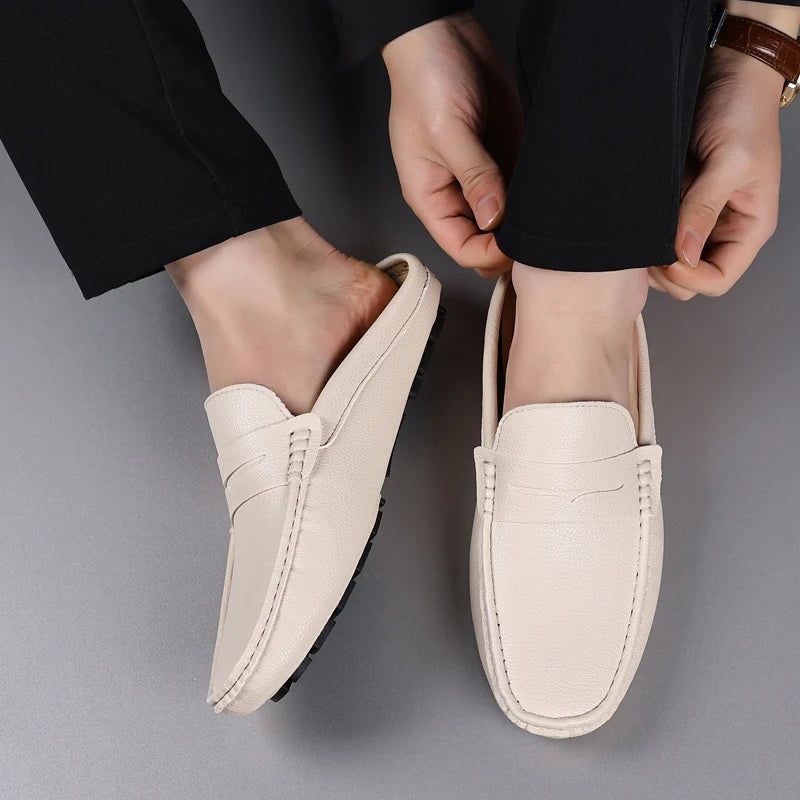 YRZL Loafers Summer Slip on Half Shoes for Men Leather Slippers Casual Breathable Comfy Loafers Moccasins Brown Black Beige