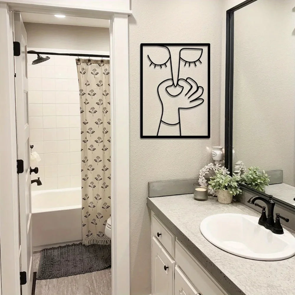 1pc Unique Metal Portrait Funny Toilet Wall Art - Humorous Bathroom Sign with Minimal Line Art Design - Restroom Decor