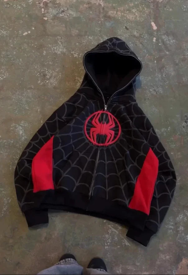 Y2K American Spider Pattern Embroidery Zip Up Hoodie Men Women Gothic Harajuku Jacket Fashion Hoodie Sweatshirt Casual Clothes