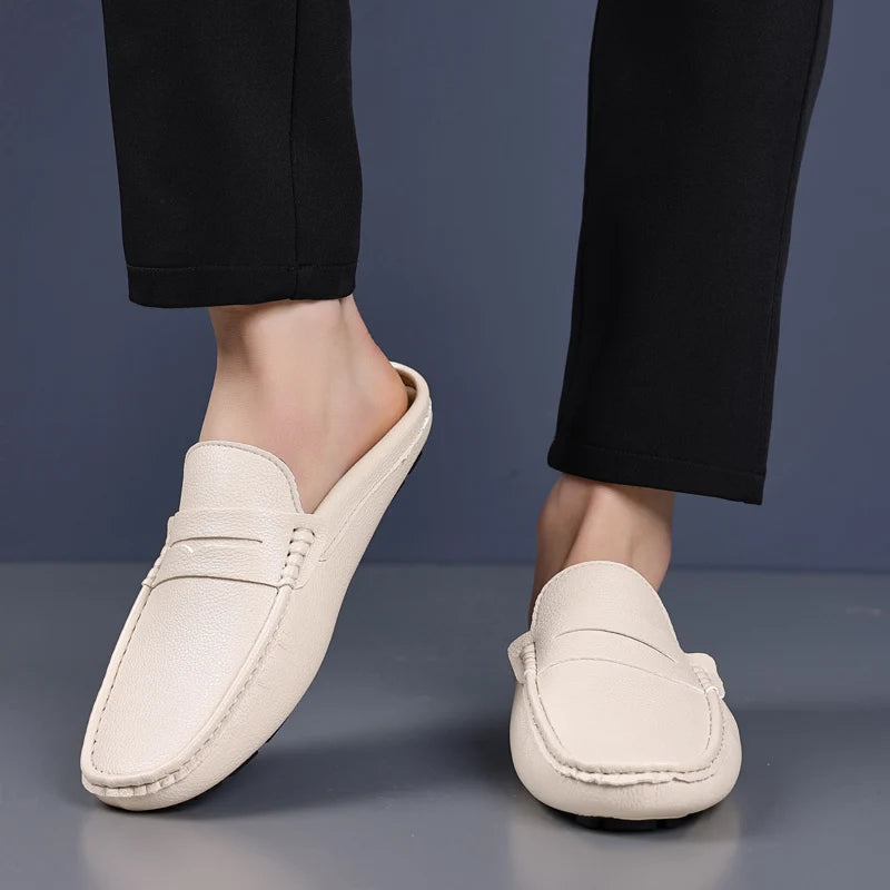 YRZL Loafers Summer Slip on Half Shoes for Men Leather Slippers Casual Breathable Comfy Loafers Moccasins Brown Black Beige