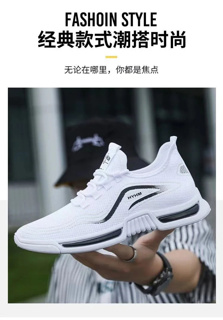 2025 new men's shoes, sports and trendy shoes, anti slip and casual running, fly woven breathable and comfortable white shoes