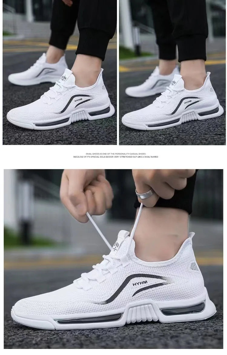 2025 new men's shoes, sports and trendy shoes, anti slip and casual running, fly woven breathable and comfortable white shoes