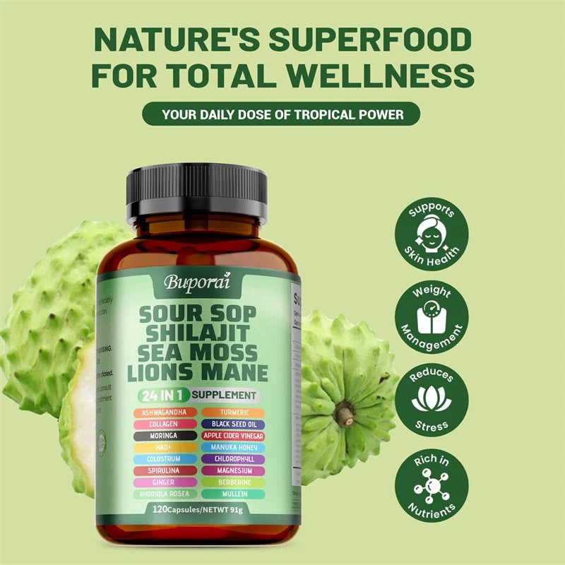 24-in-1 Soursop Herbal Supplement Natural Support for Skin, Digestion & Wellness