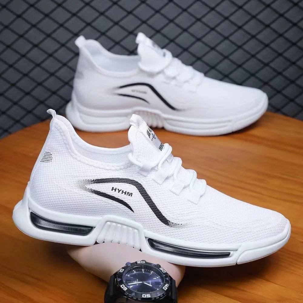 2025 new men's shoes, sports and trendy shoes, anti slip and casual running, fly woven breathable and comfortable white shoes