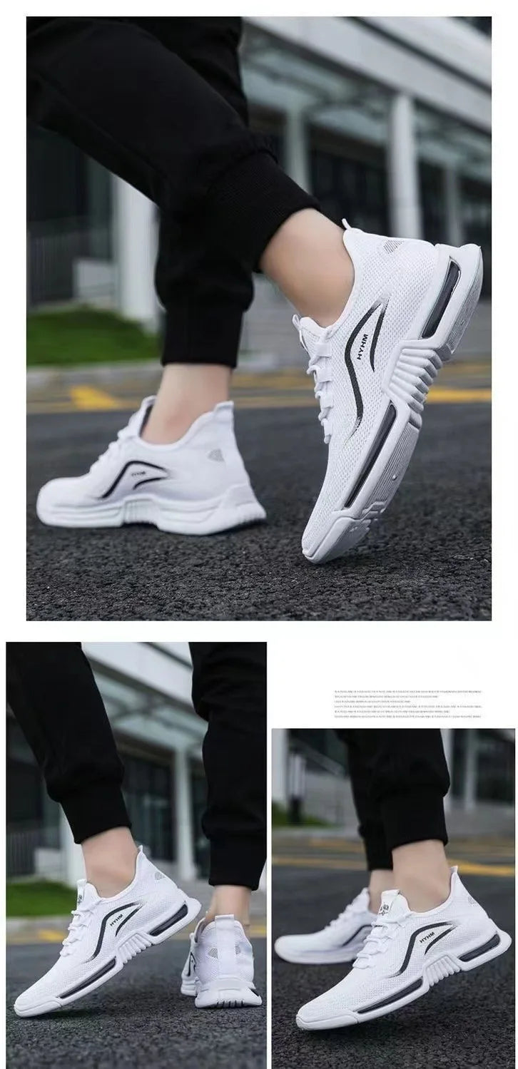 2025 new men's shoes, sports and trendy shoes, anti slip and casual running, fly woven breathable and comfortable white shoes