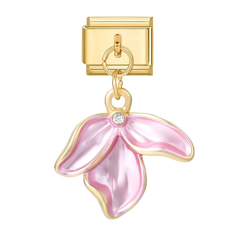 Y2K Elegant Flowers Leaves Gold Color Pendant Italian Charm Links Fit 9mm Stainless Steel Bracelet Women DIY Making Gifts