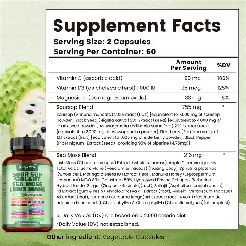 24-in-1 Soursop Herbal Supplement Natural Support for Skin, Digestion & Wellness