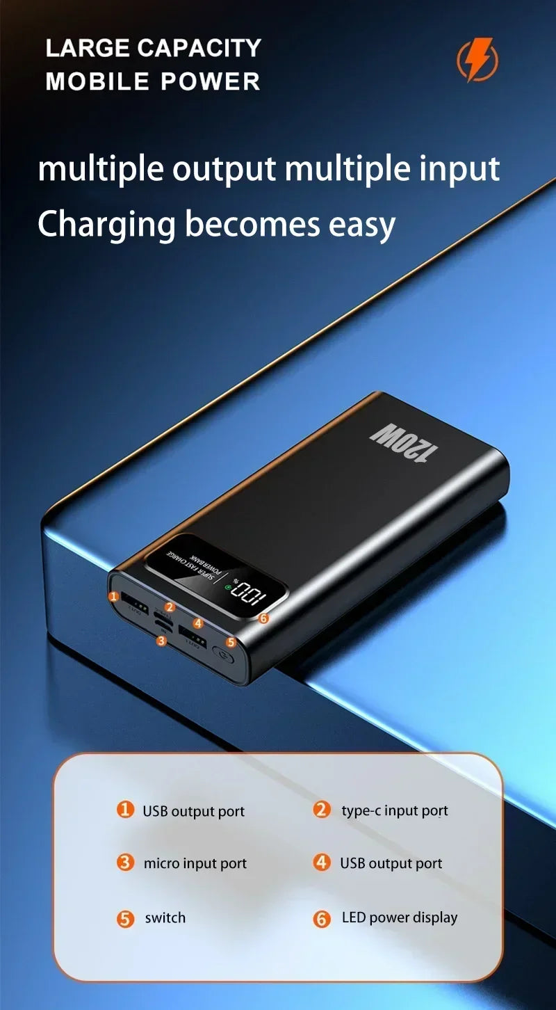200000mAh Power Bank 120W Super Fast Charging Ultralarge Capacity With LED Digital Display Portable External Battery For Phones