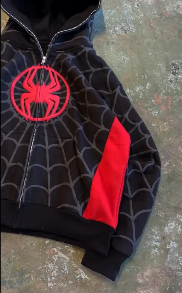 Y2K American Spider Pattern Embroidery Zip Up Hoodie Men Women Gothic Harajuku Jacket Fashion Hoodie Sweatshirt Casual Clothes