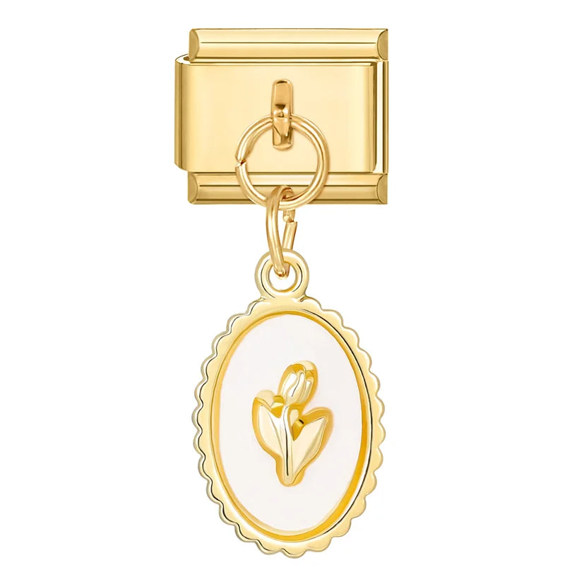 Y2K Elegant Flowers Leaves Gold Color Pendant Italian Charm Links Fit 9mm Stainless Steel Bracelet Women DIY Making Gifts