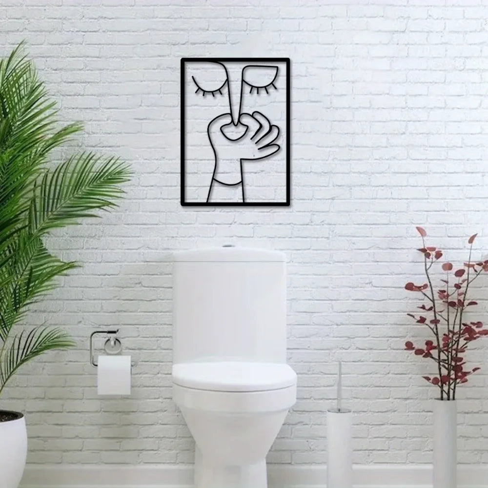1pc Unique Metal Portrait Funny Toilet Wall Art - Humorous Bathroom Sign with Minimal Line Art Design - Restroom Decor