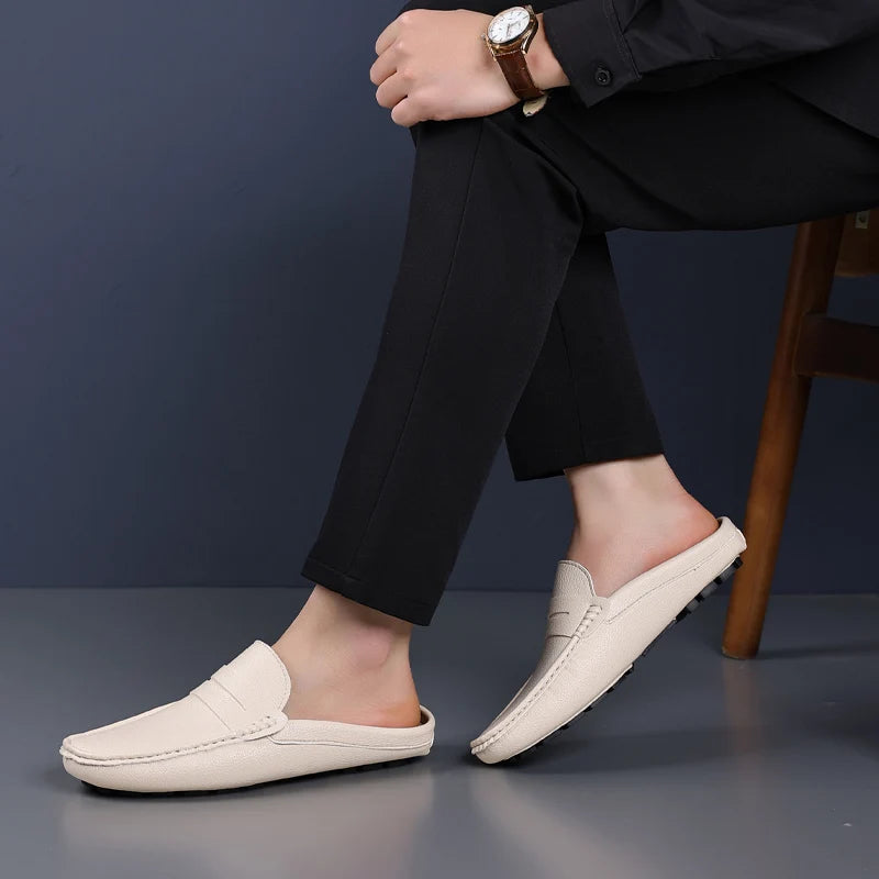 YRZL Loafers Summer Slip on Half Shoes for Men Leather Slippers Casual Breathable Comfy Loafers Moccasins Brown Black Beige