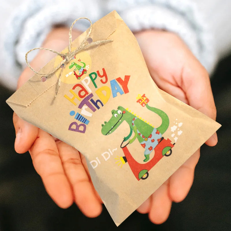 24Sets Thank You Kraft Paper Bags Cute Rainbow Dino Happy Birthday Gift Pouch Retro Flower Party Favor Bag Candy Cookie Supplies