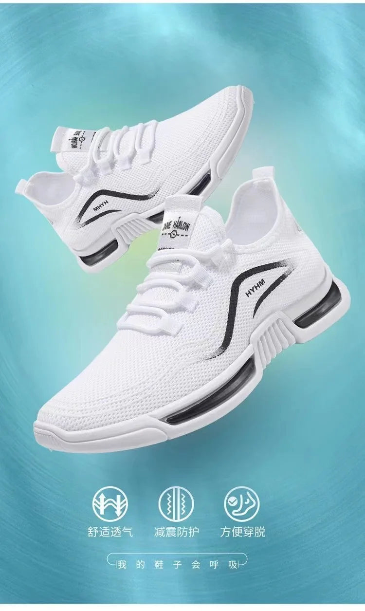 2025 new men's shoes, sports and trendy shoes, anti slip and casual running, fly woven breathable and comfortable white shoes