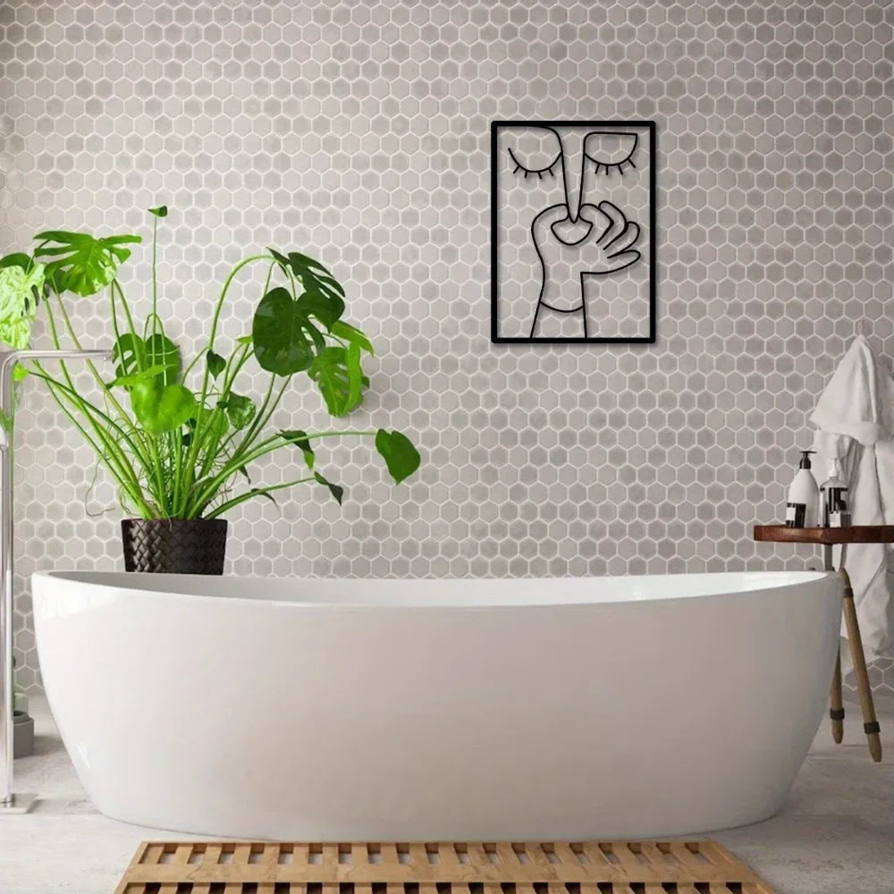 1pc Unique Metal Portrait Funny Toilet Wall Art - Humorous Bathroom Sign with Minimal Line Art Design - Restroom Decor