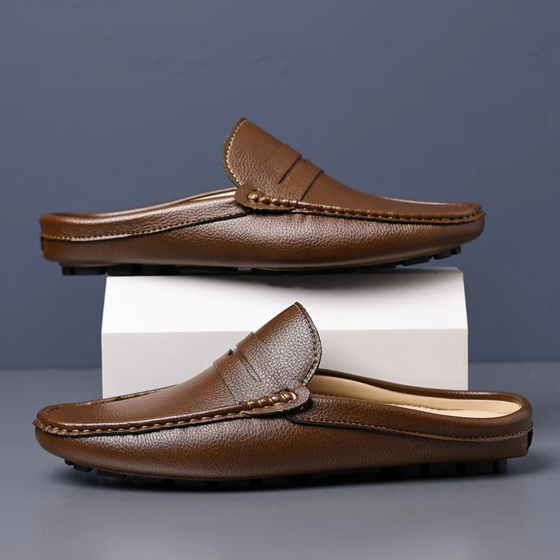 YRZL Loafers Summer Slip on Half Shoes for Men Leather Slippers Casual Breathable Comfy Loafers Moccasins Brown Black Beige