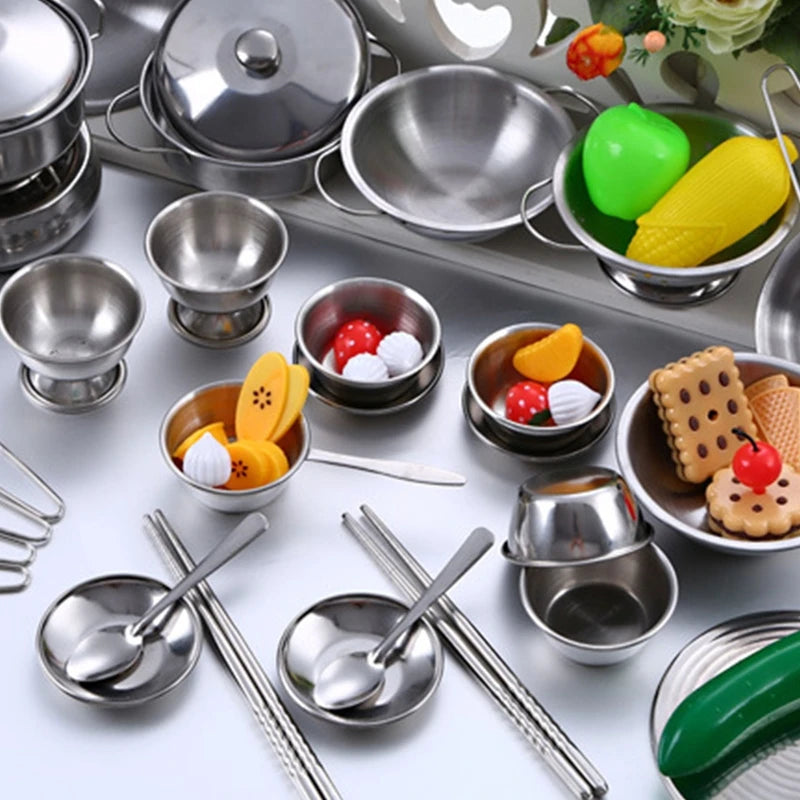 25pcs Children Stainless Steel Pretend Play Food Kitchen Cookware Set Toy Mini Cooking Game Pot Shovel Tinplate Kid Kitchen Toy