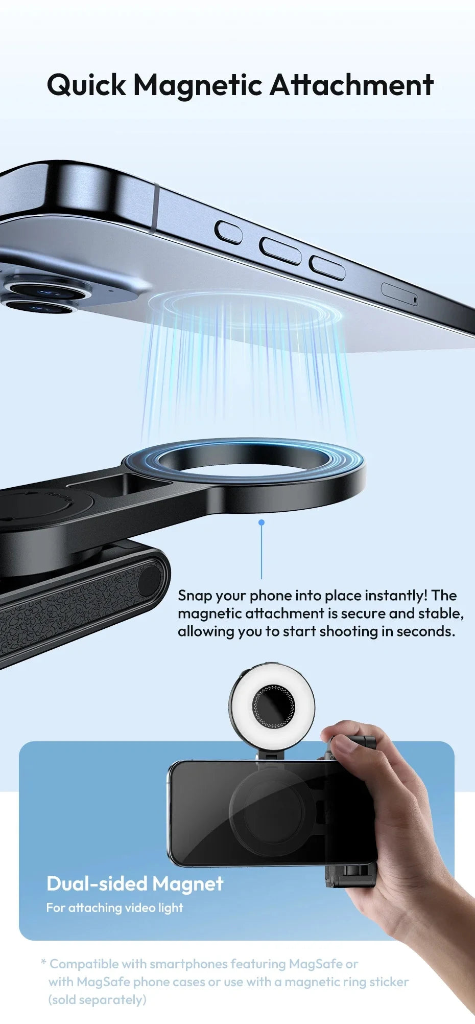 2026 Magnetic Selfie Stick Phone Tripod w Remote Extend Cell Phone Tripod Stand For MagSafe iPhone 16 15 14 13 12 XIAOMI SAMSUNG