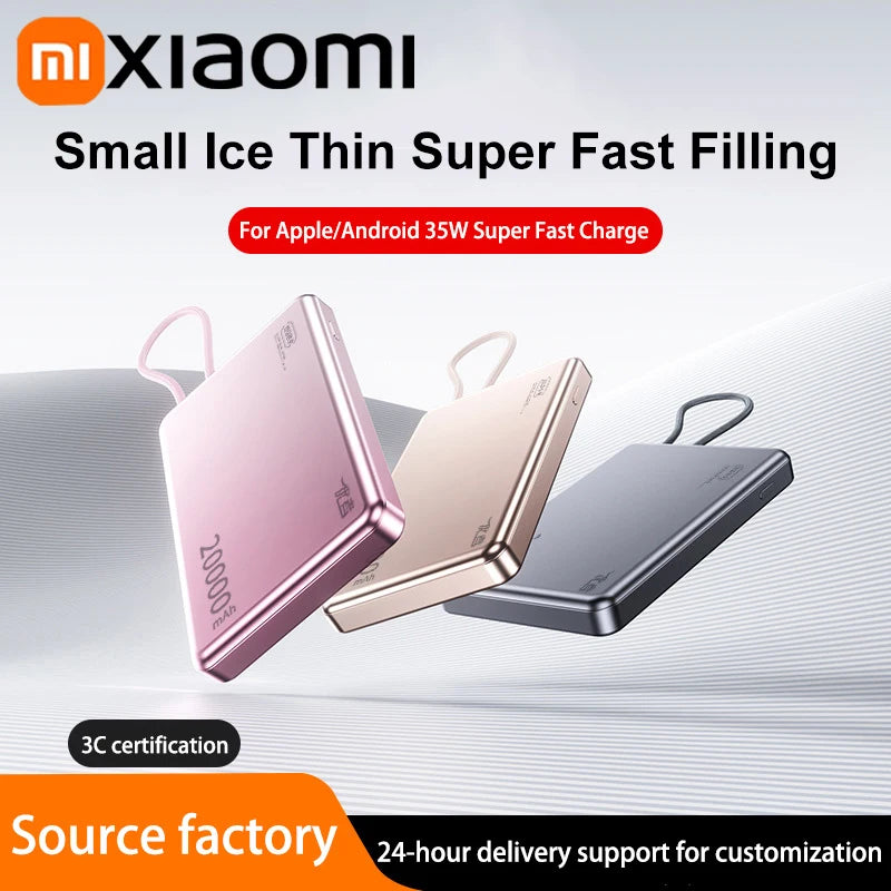 Xiaomi 20000mAh High Capacity Fast Charge Power Bank Genuine with Built-in Cable Ultra-thin Compact Portable Carried on Airplane