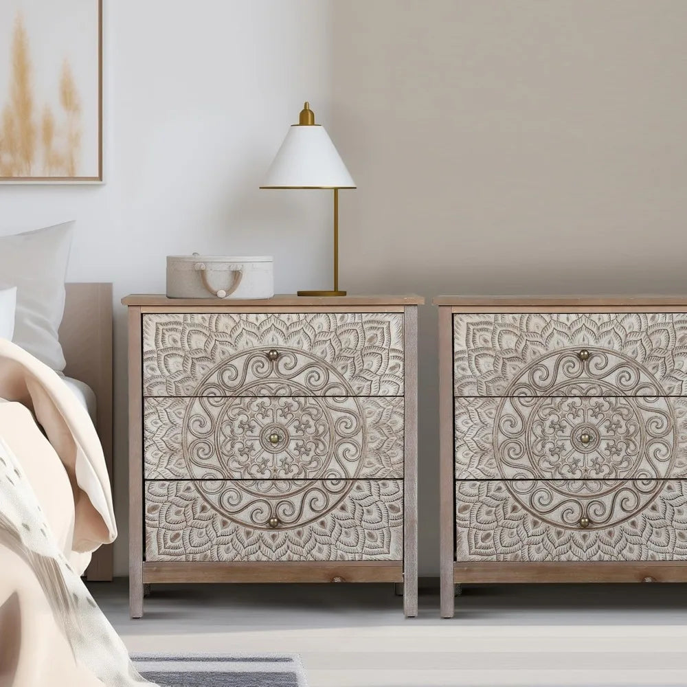 3 Drawer Dresser Set of 2, Large Chest of Drawers with Roller Slides Farmhouse 30.5" Tall Wooden Nightstand Boho Accent Storage