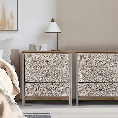 3 Drawer Dresser Set of 2, Large Chest of Drawers with Roller Slides Farmhouse 30.5" Tall Wooden Nightstand Boho Accent Storage
