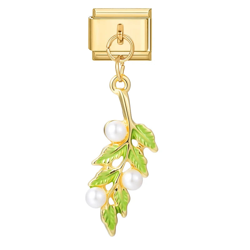 Y2K Elegant Flowers Leaves Gold Color Pendant Italian Charm Links Fit 9mm Stainless Steel Bracelet Women DIY Making Gifts