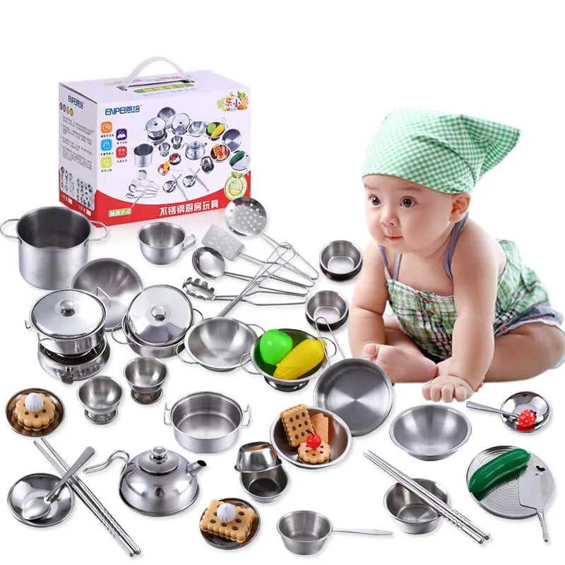 25pcs Children Stainless Steel Pretend Play Food Kitchen Cookware Set Toy Mini Cooking Game Pot Shovel Tinplate Kid Kitchen Toy