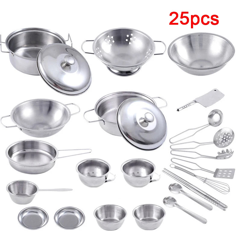 25pcs Children Stainless Steel Pretend Play Food Kitchen Cookware Set Toy Mini Cooking Game Pot Shovel Tinplate Kid Kitchen Toy
