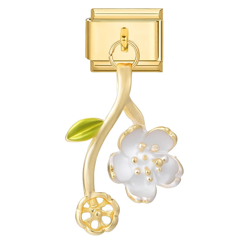 Y2K Elegant Flowers Leaves Gold Color Pendant Italian Charm Links Fit 9mm Stainless Steel Bracelet Women DIY Making Gifts