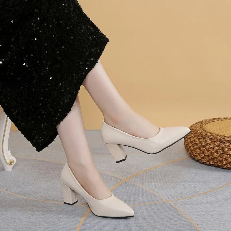 2024 Brand Shoes for Women Slip on Women's High Heels Concise Office & Career Pumps Women Pointed Toe Chunky Heels Shoes Ladies