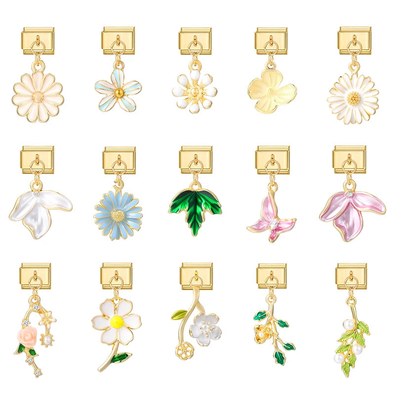 Y2K Elegant Flowers Leaves Gold Color Pendant Italian Charm Links Fit 9mm Stainless Steel Bracelet Women DIY Making Gifts
