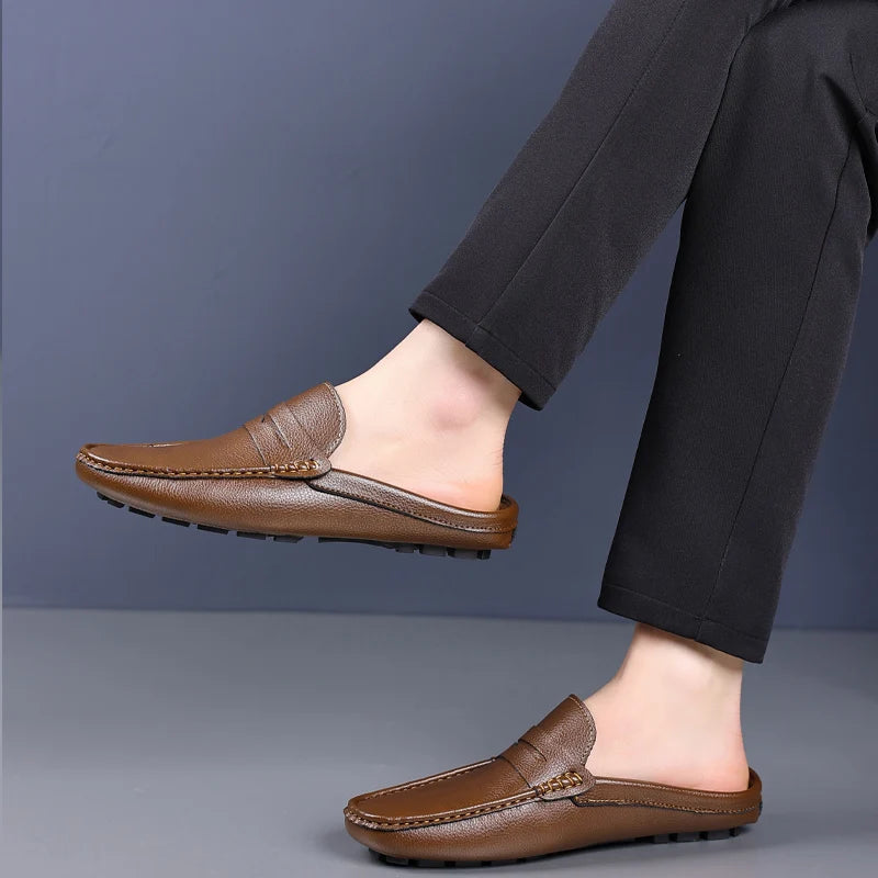 YRZL Loafers Summer Slip on Half Shoes for Men Leather Slippers Casual Breathable Comfy Loafers Moccasins Brown Black Beige