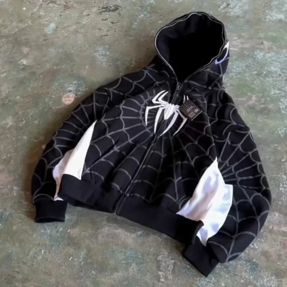 Y2K American Spider Pattern Embroidery Zip Up Hoodie Men Women Gothic Harajuku Jacket Fashion Hoodie Sweatshirt Casual Clothes