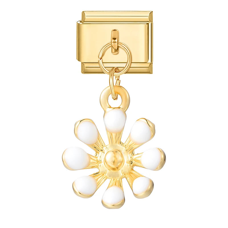 Y2K Elegant Flowers Leaves Gold Color Pendant Italian Charm Links Fit 9mm Stainless Steel Bracelet Women DIY Making Gifts