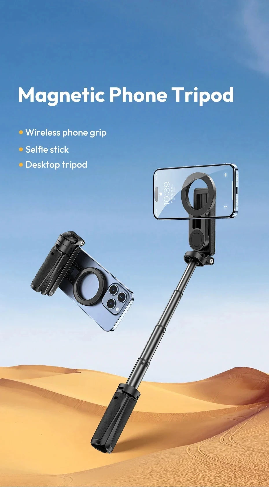 2026 Magnetic Selfie Stick Phone Tripod w Remote Extend Cell Phone Tripod Stand For MagSafe iPhone 16 15 14 13 12 XIAOMI SAMSUNG