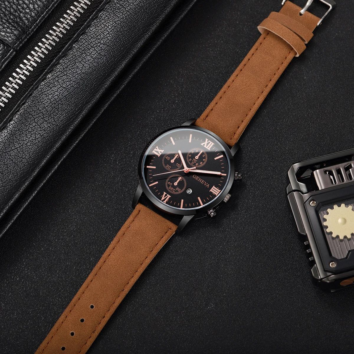 1/2PCs Men's Casual Calendar Watch Fashionable Men's Temperament Leather Quartz Watch Unisex Watch Set(Box Not Included)