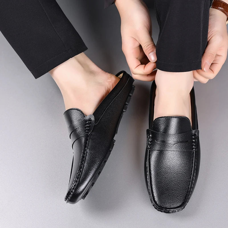 YRZL Loafers Summer Slip on Half Shoes for Men Leather Slippers Casual Breathable Comfy Loafers Moccasins Brown Black Beige