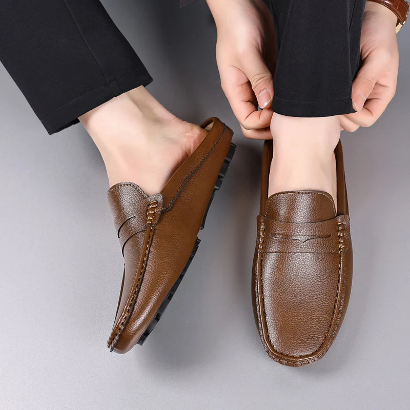 YRZL Loafers Summer Slip on Half Shoes for Men Leather Slippers Casual Breathable Comfy Loafers Moccasins Brown Black Beige
