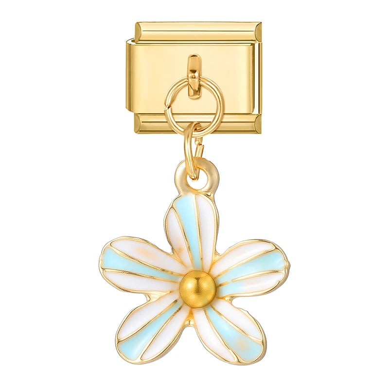 Y2K Elegant Flowers Leaves Gold Color Pendant Italian Charm Links Fit 9mm Stainless Steel Bracelet Women DIY Making Gifts
