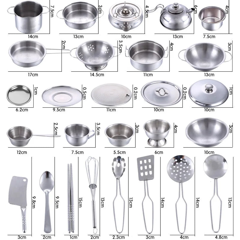 25pcs Children Stainless Steel Pretend Play Food Kitchen Cookware Set Toy Mini Cooking Game Pot Shovel Tinplate Kid Kitchen Toy