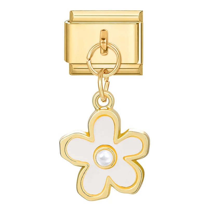 Y2K Elegant Flowers Leaves Gold Color Pendant Italian Charm Links Fit 9mm Stainless Steel Bracelet Women DIY Making Gifts
