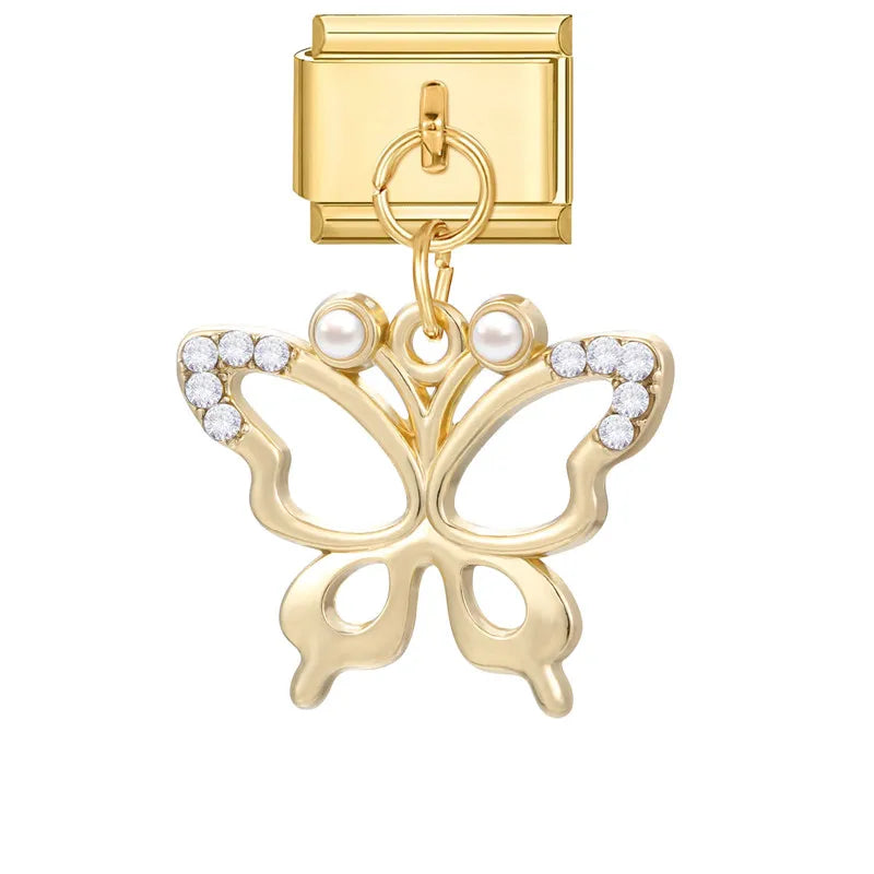 Y2K Elegant Flowers Leaves Gold Color Pendant Italian Charm Links Fit 9mm Stainless Steel Bracelet Women DIY Making Gifts