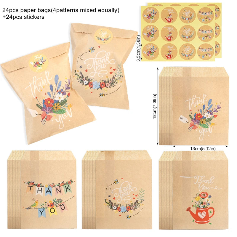 24Sets Thank You Kraft Paper Bags Cute Rainbow Dino Happy Birthday Gift Pouch Retro Flower Party Favor Bag Candy Cookie Supplies